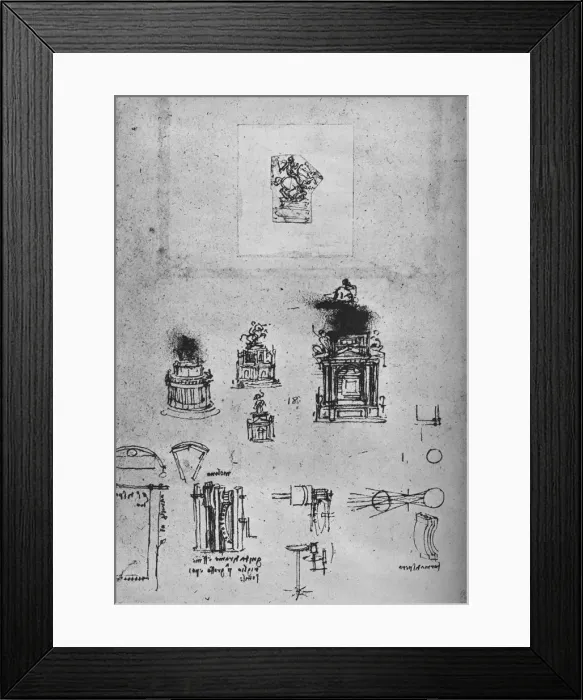Framed Print : Studies for an Equestrian Monument and Studies of Machiinery, c1480 (1945). Artist: Leonardo da Vinci Framed Print : Studies for an Equestrian Monument and Studies of Machiinery, c1480 (1945). Artist: Leonardo da Vinci