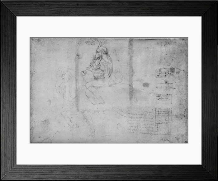 Framed Print : A Man with the Head of an Elephant Riding on Horseback and Architectural Sketches, c1480 (1945). Artist: Leonardo da Vinci Framed Print : A Man with the Head of an Elephant Riding on Horseback and Architectural Sketches, c1480 (1945). Artist: Leonardo da Vinci