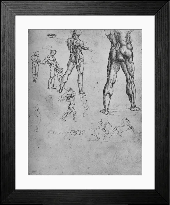 Framed Print : Studies of Nude Soldier with Sword and Smaller Sketches, c1480 (1945). Artist: Leonardo da Vinci Framed Print : Studies of Nude Soldier with Sword and Smaller Sketches, c1480 (1945). Artist: Leonardo da Vinci