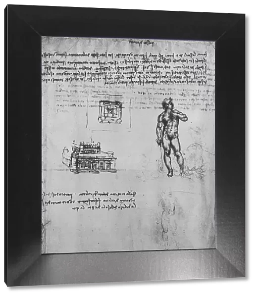 Two Studies of a Nude Figure and the View and Plan of a Building, c1480 (1945). Artist: Leonardo da Vinci