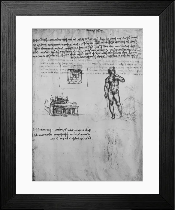 Framed Print : Two Studies of a Nude Figure and the View and Plan of a Building, c1480 (1945). Artist: Leonardo da Vinci Framed Print : Two Studies of a Nude Figure and the View and Plan of a Building, c1480 (1945). Artist: Leonardo da Vinci