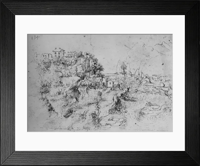 Framed Print : A River with a Canal Alongside and a Castle on a Hill, c1480 (1945). Artist: Leonardo da Vinci Framed Print : A River with a Canal Alongside and a Castle on a Hill, c1480 (1945). Artist: Leonardo da Vinci