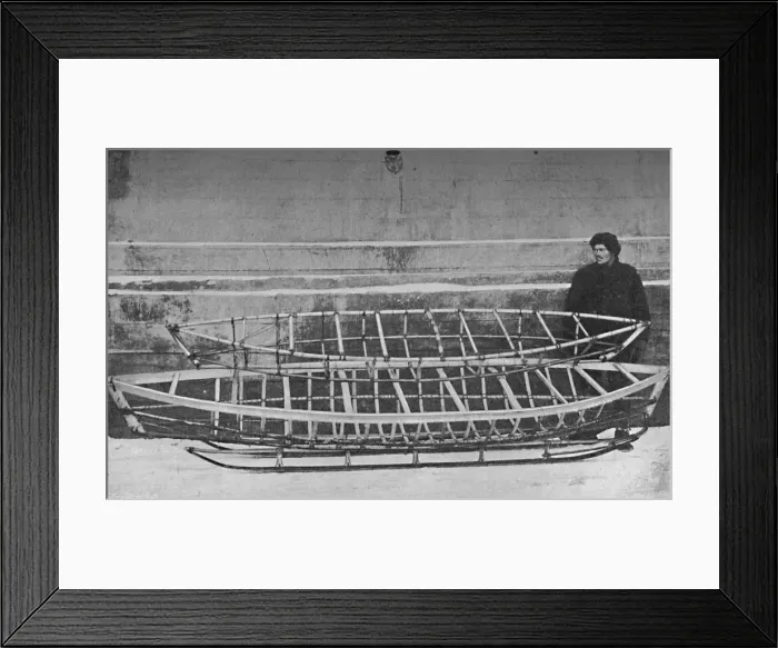 Framed Print : Skeletons o Kayak for One Man (Bamboo), and Double Kayak, lying on a Hand-Sledge, 1894, (1897) Framed Print : Skeletons o Kayak for One Man (Bamboo), and Double Kayak, lying on a Hand-Sledge, 1894, (1897)