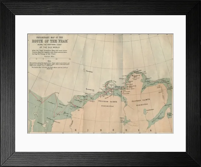 Framed Print : Preliminary Map of the Route of the Fram along Northern Coast of Old World, c1893-1896, (1897) Framed Print : Preliminary Map of the Route of the Fram along Northern Coast of Old World, c1893-1896, (1897)