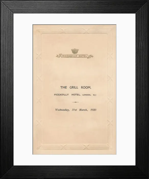 Framed Print : A menu for The Grill Room of the Piccadilly Hotel, London, 1920 Framed Print : A menu for The Grill Room of the Piccadilly Hotel, London, 1920