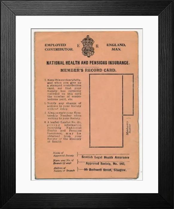 Framed Print : National Health and Pensions Insurance Card: Members Record Card, c1930s Framed Print : National Health and Pensions Insurance Card: Members Record Card, c1930s