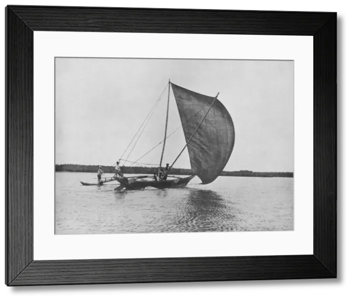Framed Print : Outrigger Canoe in Full Sail on Negombo Lake, c1890, (1910). Artist: Alfred William Amandus Plate Framed Print : Outrigger Canoe in Full Sail on Negombo Lake, c1890, (1910). Artist: Alfred William Amandus Plate