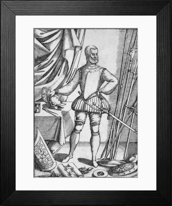 Framed Print : Portrait of Giacomo Di Grassi, showing weapons the use of which he taught his pupils, 1575, (1936) Framed Print : Portrait of Giacomo Di Grassi, showing weapons the use of which he taught his pupils, 1575, (1936)