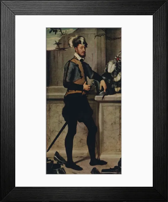 Framed Print : A Knight with his Jousting Helmet, 1554-1558, (1936). Artist: Giovanni Battista Moroni Framed Print : A Knight with his Jousting Helmet, 1554-1558, (1936). Artist: Giovanni Battista Moroni