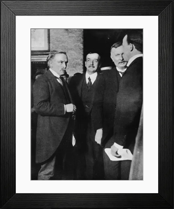 Framed Print : Mr. Lloyd George, Mr. Runciman, and Mr. Henderson at the Park Hotel, Cardiff, after their interview Framed Print : Mr. Lloyd George, Mr. Runciman, and Mr. Henderson at the Park Hotel, Cardiff, after their interview