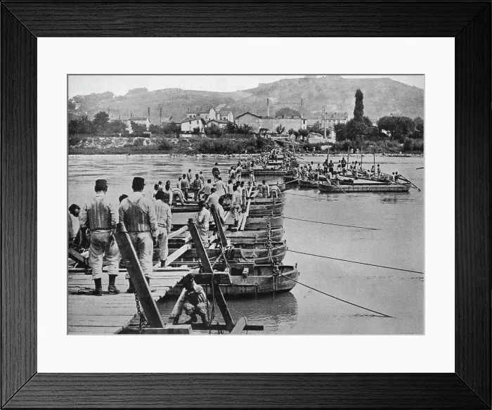 Framed Print : Building a pontoon bridge over a French stream, 1915 Framed Print : Building a pontoon bridge over a French stream, 1915