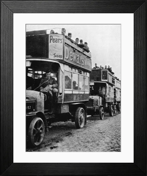 Framed Print : British troops being moved to a fresh part of the line by motor buses, 1915 Framed Print : British troops being moved to a fresh part of the line by motor buses, 1915