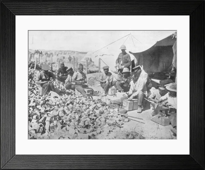 Framed Print : Making bombs out of tin cans in Gallipoli, 1915 Framed Print : Making bombs out of tin cans in Gallipoli, 1915