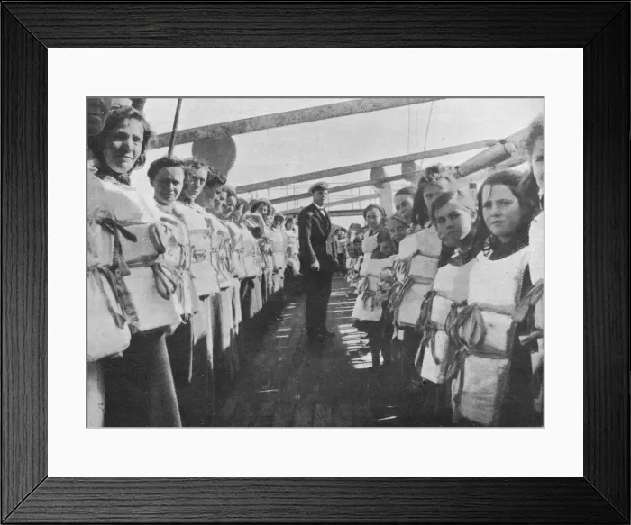 Framed Print : War time lifebelt drill on board an ocean liner, 1915