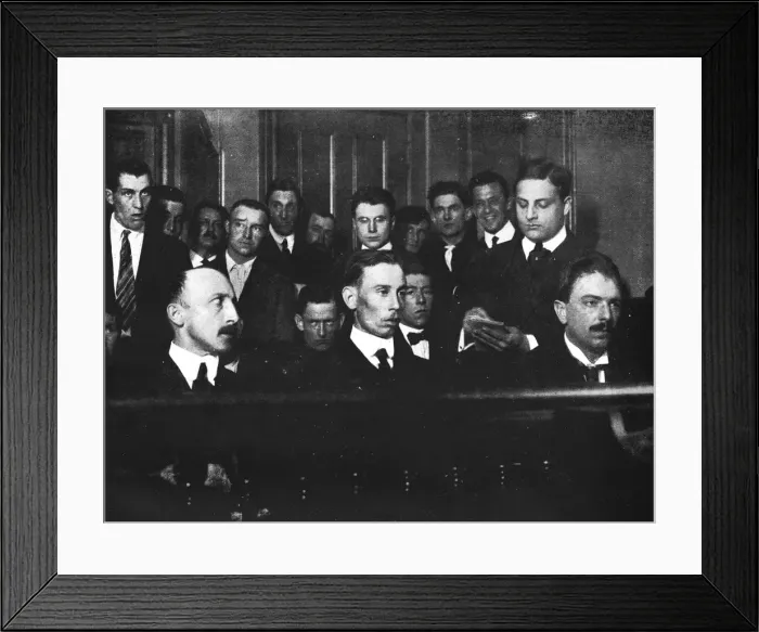 Framed Print : Robert Fay (on the left) and his two accomplices photographed in court, 1915 Framed Print : Robert Fay (on the left) and his two accomplices photographed in court, 1915