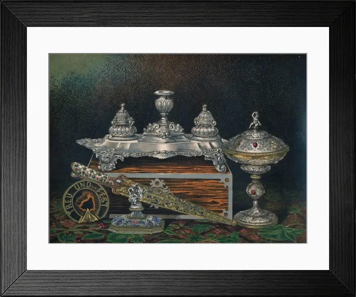 Framed Print : Inkstand, Paper Weight, Hunting Knife or Dagger, Covered Tazza, Paper Weight, 1863. Artist: Robert Dudley Framed Print : Inkstand, Paper Weight, Hunting Knife or Dagger, Covered Tazza, Paper Weight, 1863. Artist: Robert Dudley