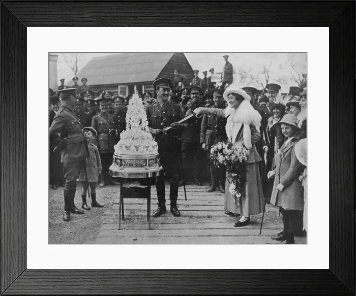 Framed Print : A khaki wedding: Cutting the wedding cake with the bridegrooms sword, 1915 Framed Print : A khaki wedding: Cutting the wedding cake with the bridegrooms sword, 1915