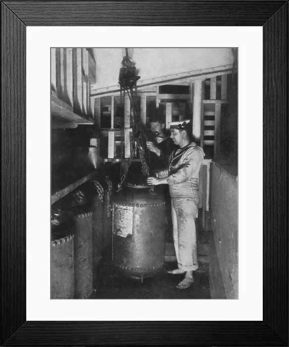 Framed Print : Taking a submarine mine out of stores, 1914 Framed Print : Taking a submarine mine out of stores, 1914