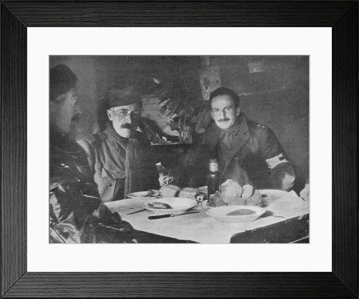 Framed Print : Red Cross officers at dinner in a dug-out, 1914 Framed Print : Red Cross officers at dinner in a dug-out, 1914