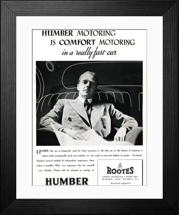 Framed Print : Humber Motoring is Comfort Motoring in a really fast car, 1937 Framed Print : Humber Motoring is Comfort Motoring in a really fast car, 1937