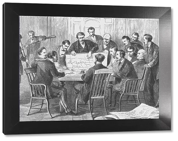 The Cuban insurrectionistss meeting in their headquarters, on the corner of Rector Street and Broa Artist: Theodore R Davis