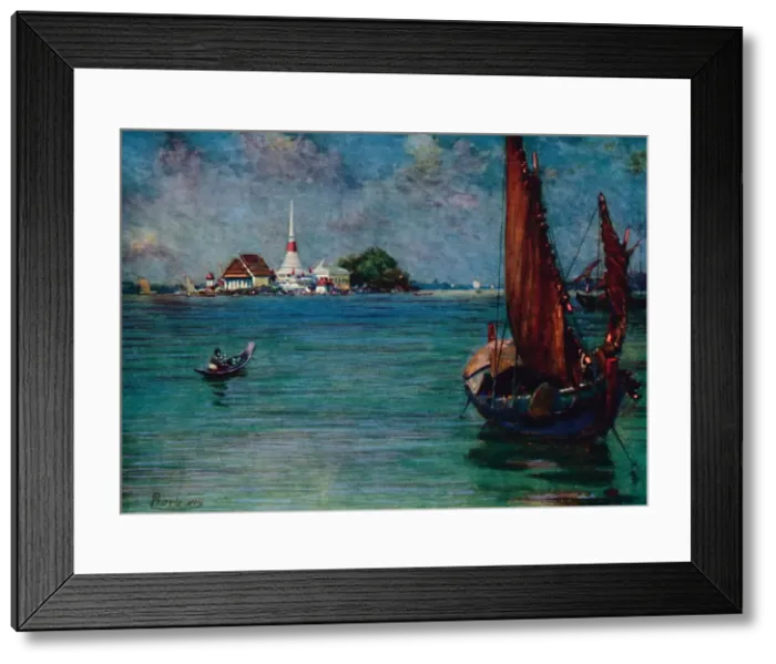 Framed Print : A Fishing Boat Off the Island Pagoda of Paknam, 1913. Artist: Edwin Norbury Framed Print : A Fishing Boat Off the Island Pagoda of Paknam, 1913. Artist: Edwin Norbury