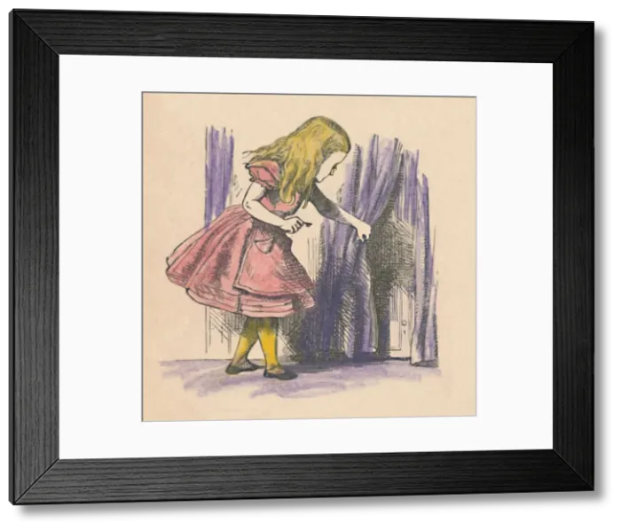 Framed Print : Alice looking at a small door behind a curtain, 1889. Artist: John Tenniel Framed Print : Alice looking at a small door behind a curtain, 1889. Artist: John Tenniel