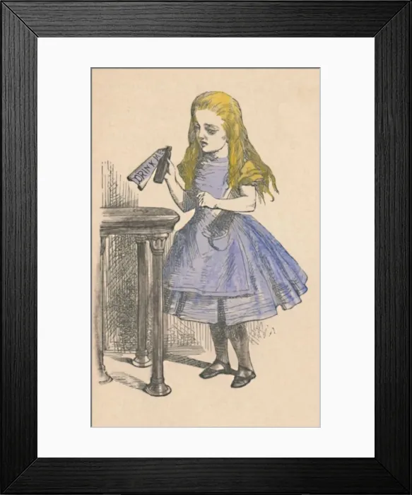 Framed Print : Alice looking at the bottle with the sign drink me, 1889. Artist: John Tenniel Framed Print : Alice looking at the bottle with the sign drink me, 1889. Artist: John Tenniel