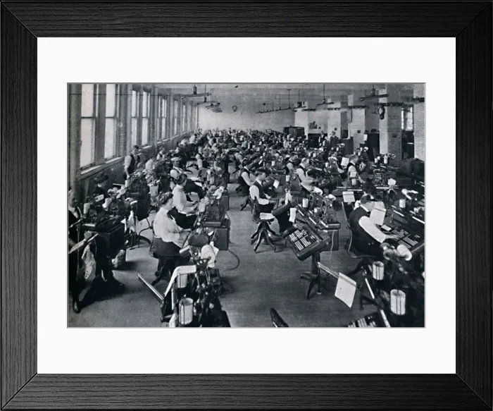 Framed Print : A View of the Largest Battery of Composing Machines in the World, 1916 Framed Print : A View of the Largest Battery of Composing Machines in the World, 1916