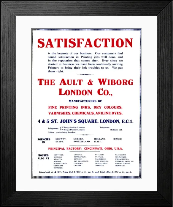 Framed Print : The Ault & Wiborg London Co. Advert - Satisfaction, 1919. Artist: Ault & Wiborg Framed Print : The Ault & Wiborg London Co. Advert - Satisfaction, 1919. Artist: Ault & Wiborg