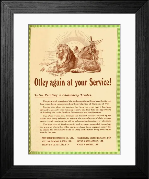 Framed Print : Otley again at your service - To the Printing & Stationery Trades, 1919. Artist: Garratt & Atkinson Framed Print : Otley again at your service - To the Printing & Stationery Trades, 1919. Artist: Garratt & Atkinson