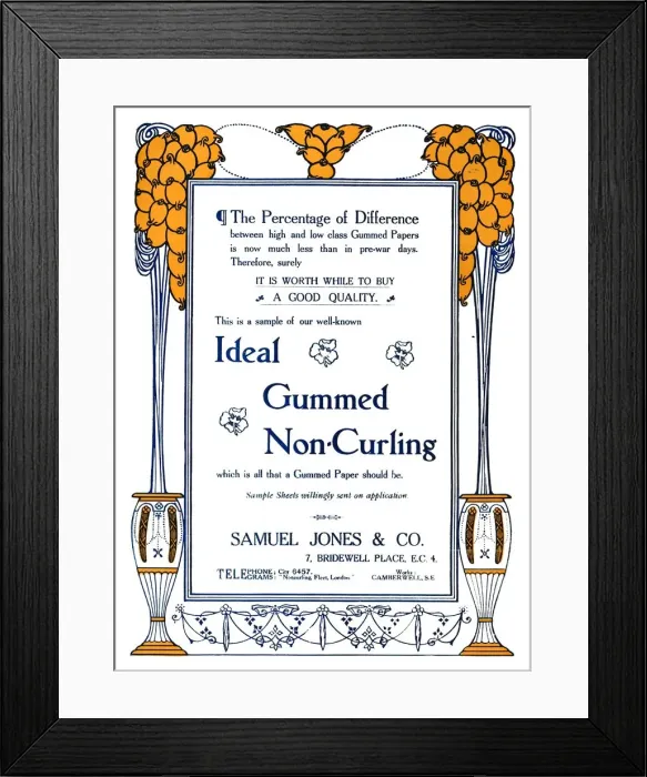 Framed Print : Samuel Jones & Co. - Ideal Gummed Non-Curling Advert, 1919. Artist: Samuel Jones Framed Print : Samuel Jones & Co. - Ideal Gummed Non-Curling Advert, 1919. Artist: Samuel Jones