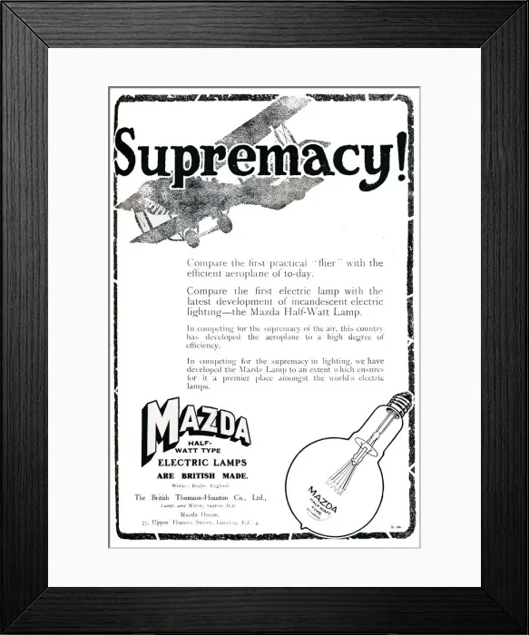 Framed Print : Mazda Half-Watt Type Electric Lamps Advert, 1919 Framed Print : Mazda Half-Watt Type Electric Lamps Advert, 1919