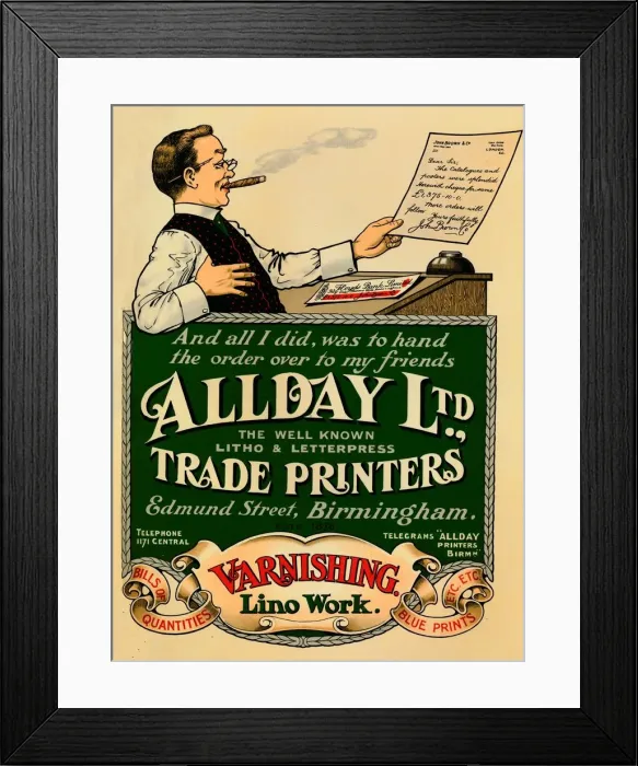 Framed Print : Allday Ltd. Trade Printers advertisement, 1910 Framed Print : Allday Ltd. Trade Printers advertisement, 1910
