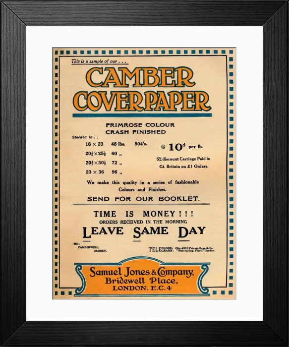 Framed Print : Camber Coverpaper - Samuel Jones & Company advertisement, 1919 Framed Print : Camber Coverpaper - Samuel Jones & Company advertisement, 1919