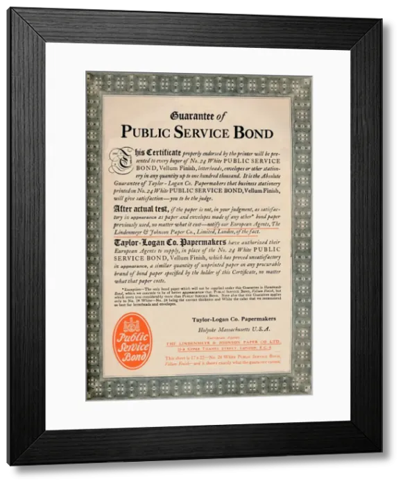 Framed Print : Guarantee of Public Service Bond - Taylor-Logan Co. Papermakers advert, 1919 Framed Print : Guarantee of Public Service Bond - Taylor-Logan Co. Papermakers advert, 1919