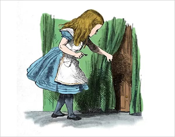 Alice looking at a small door behind a curtain, 1889. Artist: John Tenniel