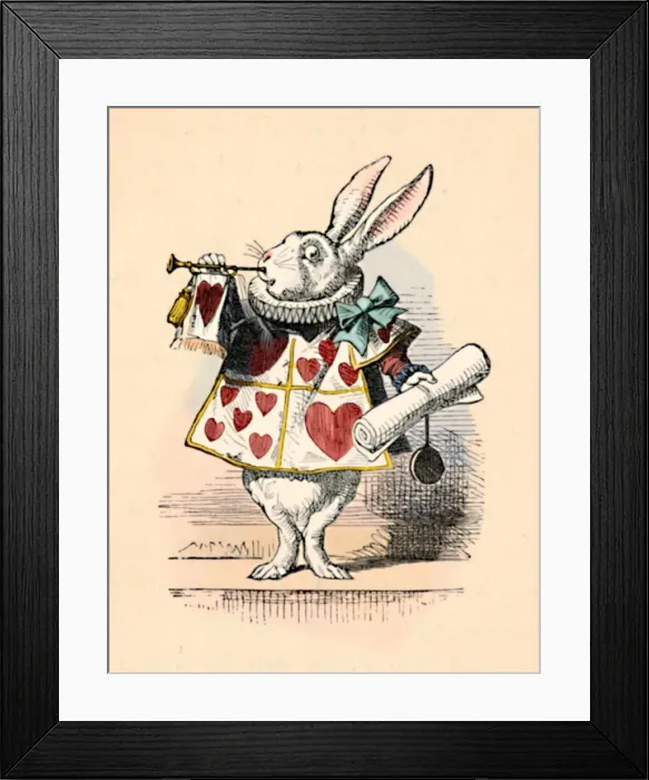 Framed Print : A Rabbit as court official blowing a trumpet for an announcement, 1889. Artist: John Tenniel