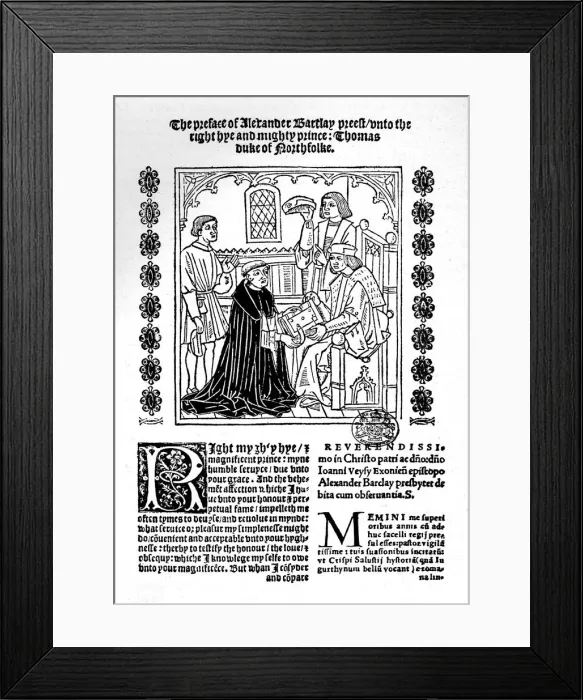 Framed Print : The Translator Presenting His Book to the Duke of Norfolk. c1500-1520, (1923). Artist: Richard Pynson Framed Print : The Translator Presenting His Book to the Duke of Norfolk. c1500-1520, (1923). Artist: Richard Pynson