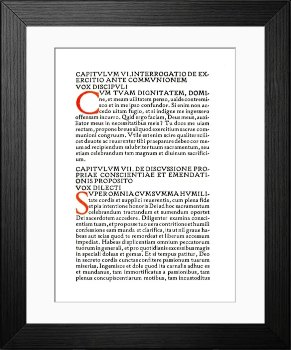 Framed Print : Aberdeen University Press: Page from the De Imitatione Christi, 1914. Artist: Douglas Cockerell Framed Print : Aberdeen University Press: Page from the De Imitatione Christi, 1914. Artist: Douglas Cockerell