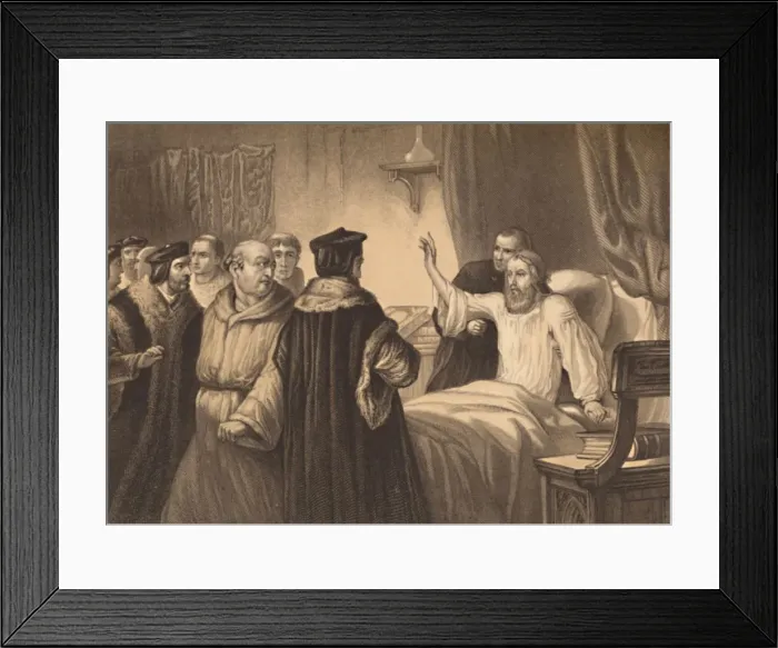 Framed Print : Wycliffe on his Sick-Bed Assailed by the Friars, 1886. Artist: Herbert K Bourne Framed Print : Wycliffe on his Sick-Bed Assailed by the Friars, 1886. Artist: Herbert K Bourne