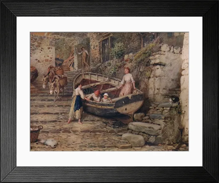 Framed Print : View at Clovelly, with Stranded Boat and Figures, 1882, (1935). Artist: Birket Foster Framed Print : View at Clovelly, with Stranded Boat and Figures, 1882, (1935). Artist: Birket Foster