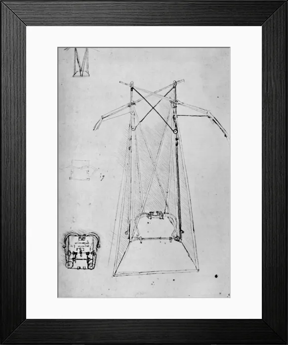 Framed Print : Study of Motive Apparatus of Flying Machine with Ground Plan of Mechanism of Base, 1928. Artist: Leonardo da Vinci Framed Print : Study of Motive Apparatus of Flying Machine with Ground Plan of Mechanism of Base, 1928. Artist: Leonardo da Vinci