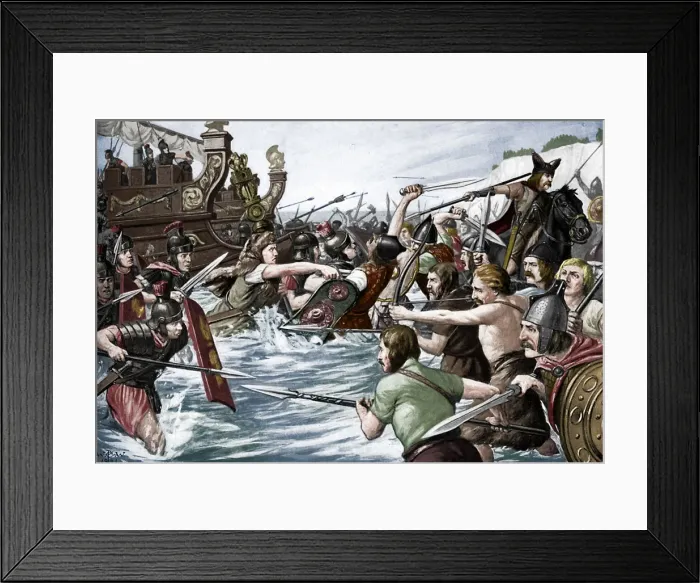 Framed Print : The landing of Julius Caesar in Britain, 55 BC, (c1920s). Artist: Richard Caton Woodville II Framed Print : The landing of Julius Caesar in Britain, 55 BC, (c1920s). Artist: Richard Caton Woodville II
