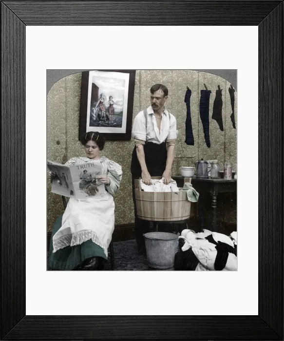 Framed Print : The New Woman, Wash Day. Artist: American Stereoscopic Company Framed Print : The New Woman, Wash Day. Artist: American Stereoscopic Company