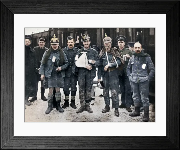 Framed Print : Some cheerful wounded from the Neuve Chapelle fighting, wearing captured German helmets, 1915 Framed Print : Some cheerful wounded from the Neuve Chapelle fighting, wearing captured German helmets, 1915