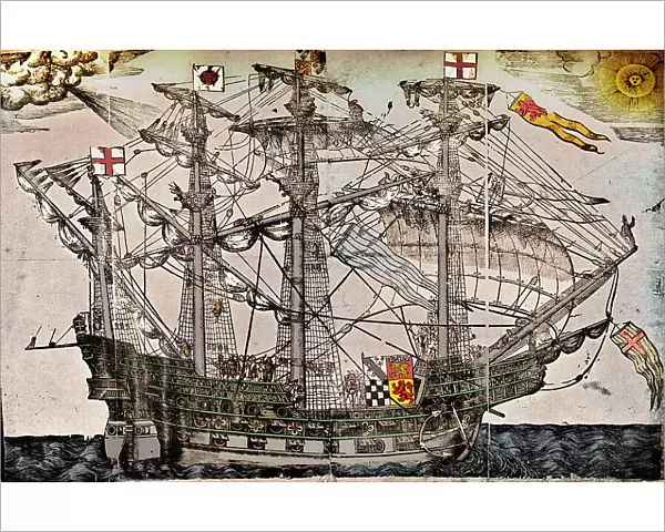 A woodcut of a ship which is believed to be The Ark Royal, c1587