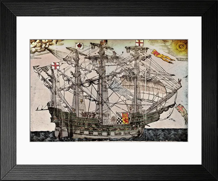 Framed Print : A woodcut of a ship which is believed to be The Ark Royal, c1587 Framed Print : A woodcut of a ship which is believed to be The Ark Royal, c1587