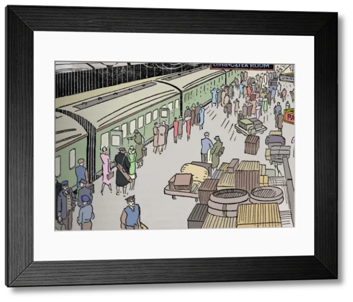 Framed Print : An illusttration of a 1930s railway station, 1937 Framed Print : An illusttration of a 1930s railway station, 1937