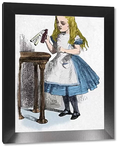 Alice looking at the bottle with the sign drink me, 1889. Artist: John Tenniel
